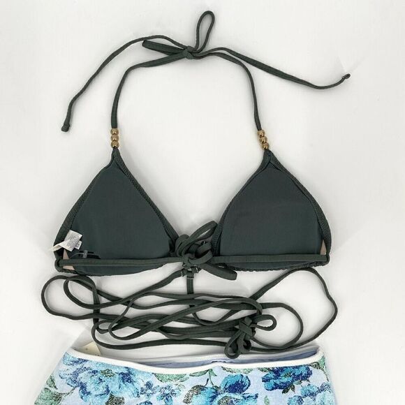 Aerie Ribbed Wrap Triangle High Waisted Full Coverage Bikini Set Green Medium - Picture 5 of 8